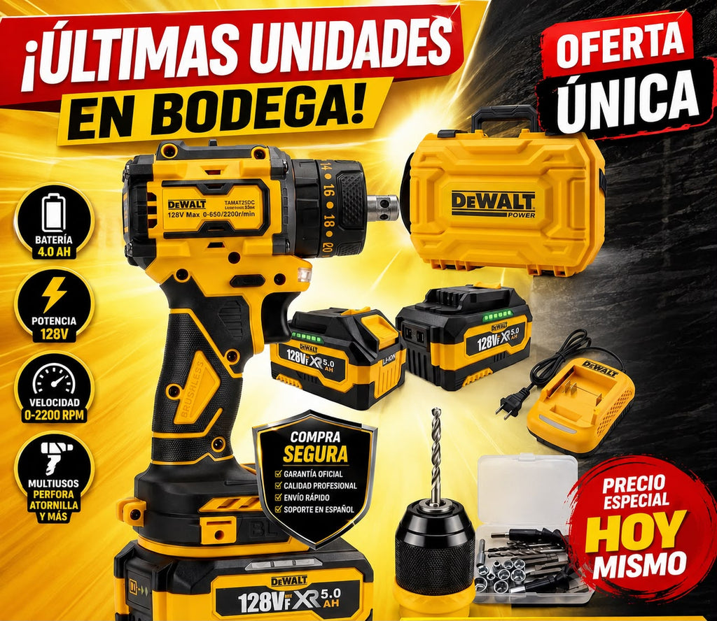 Taladro 128V DEWALT Brushless + Kit Copas y Maletín