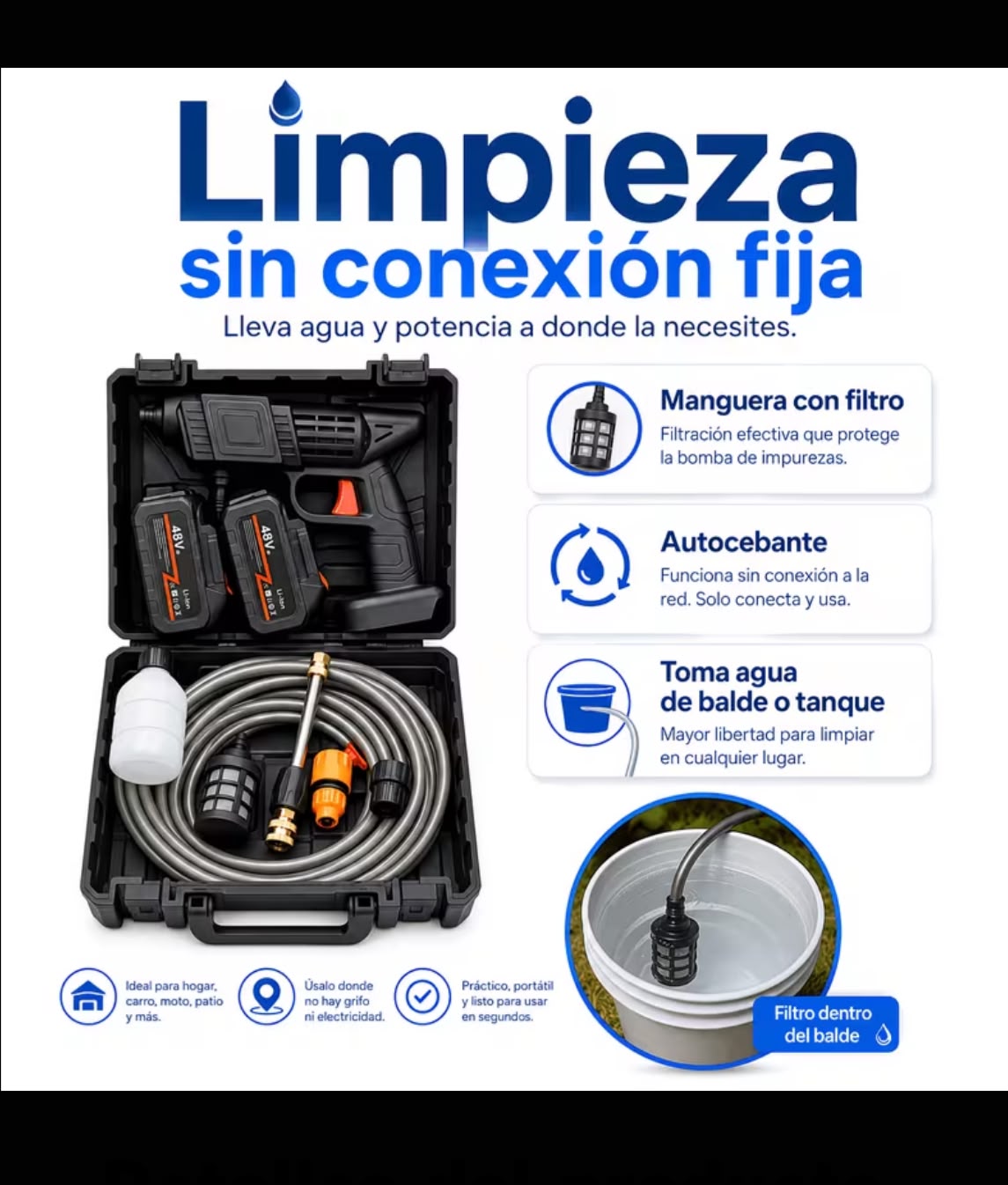 Hidrolavadora Recargable 48V + Accesorios Completos y Maletín