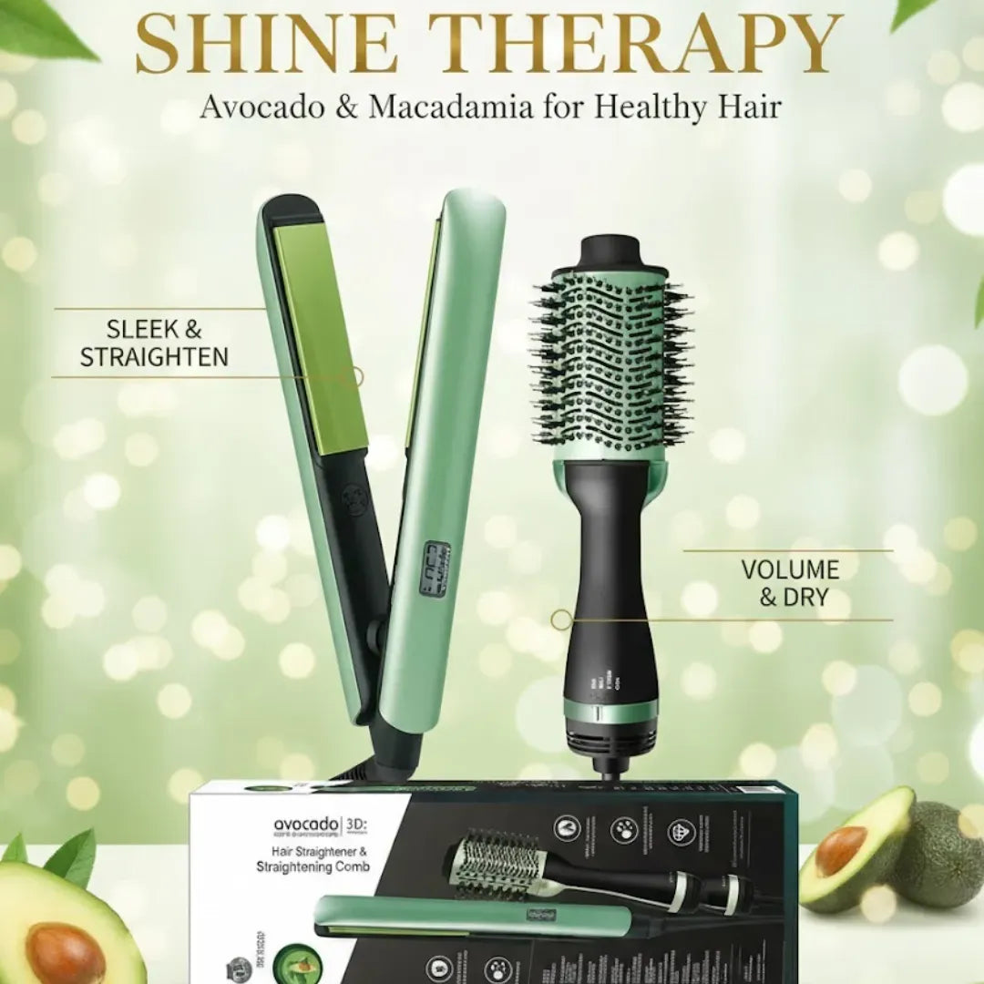 Combo Plancha + Cepillo Alisador Aguacate SD06 — Cabello Liso Sin Frizz