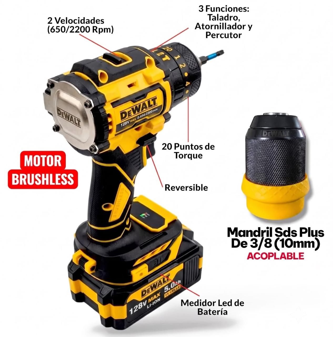 Taladro 128V DEWALT Brushless + Kit Copas y Maletín